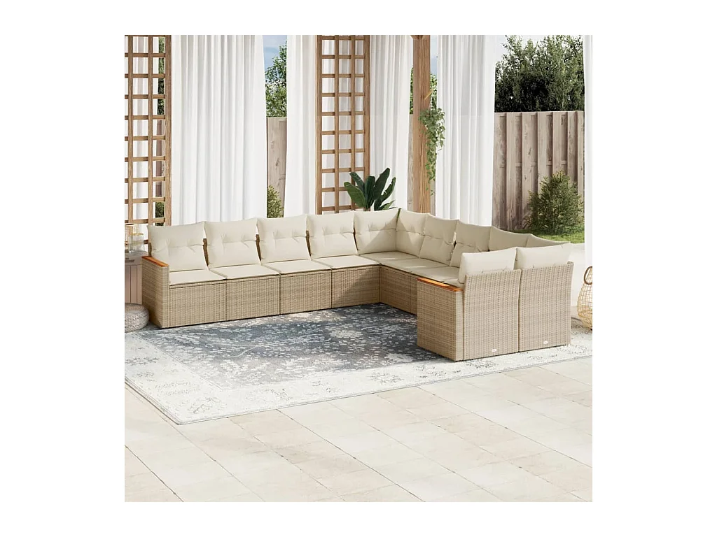 Salon de jardin avec coussins 10 pcs beige résine tressée