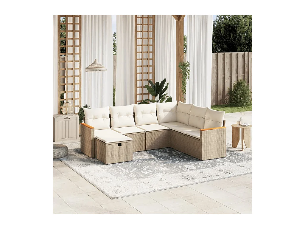 Salon de jardin avec coussins 7 pcs beige résine tressée