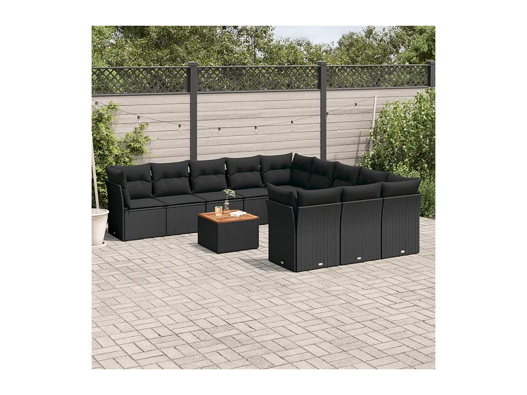 Salon de jardin 12 pcs avec coussins noir résine tressée