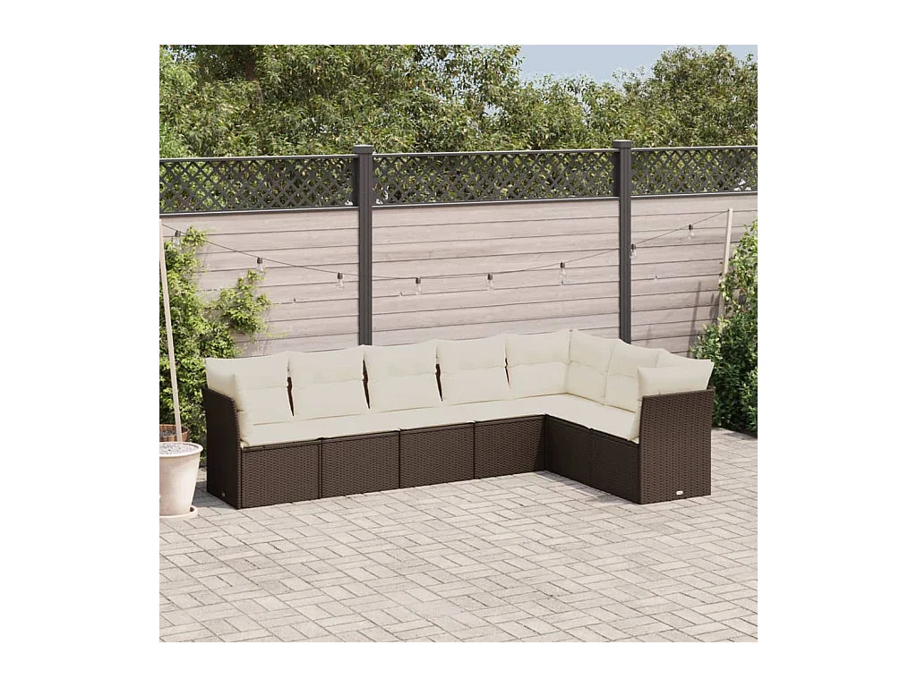 Set Divani da Giardino 7 pz con Cuscini Marrone in Polyrattan