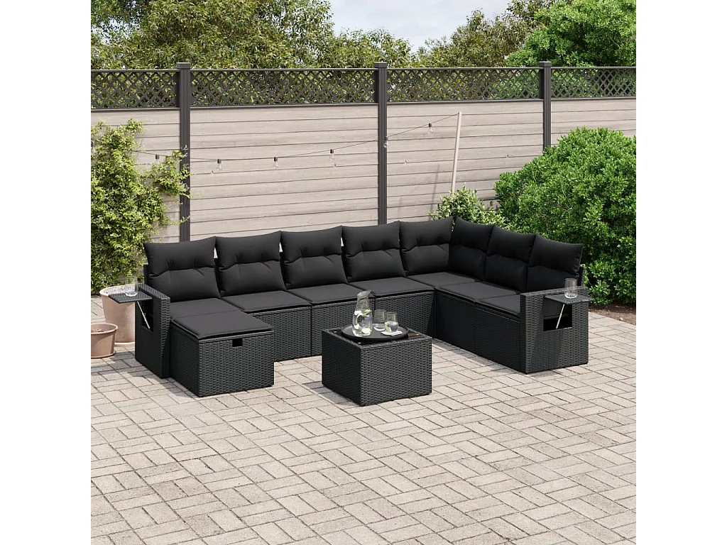 9-tlg. Garten-Sofagarnitur mit Kissen Schwarz Poly Rattan