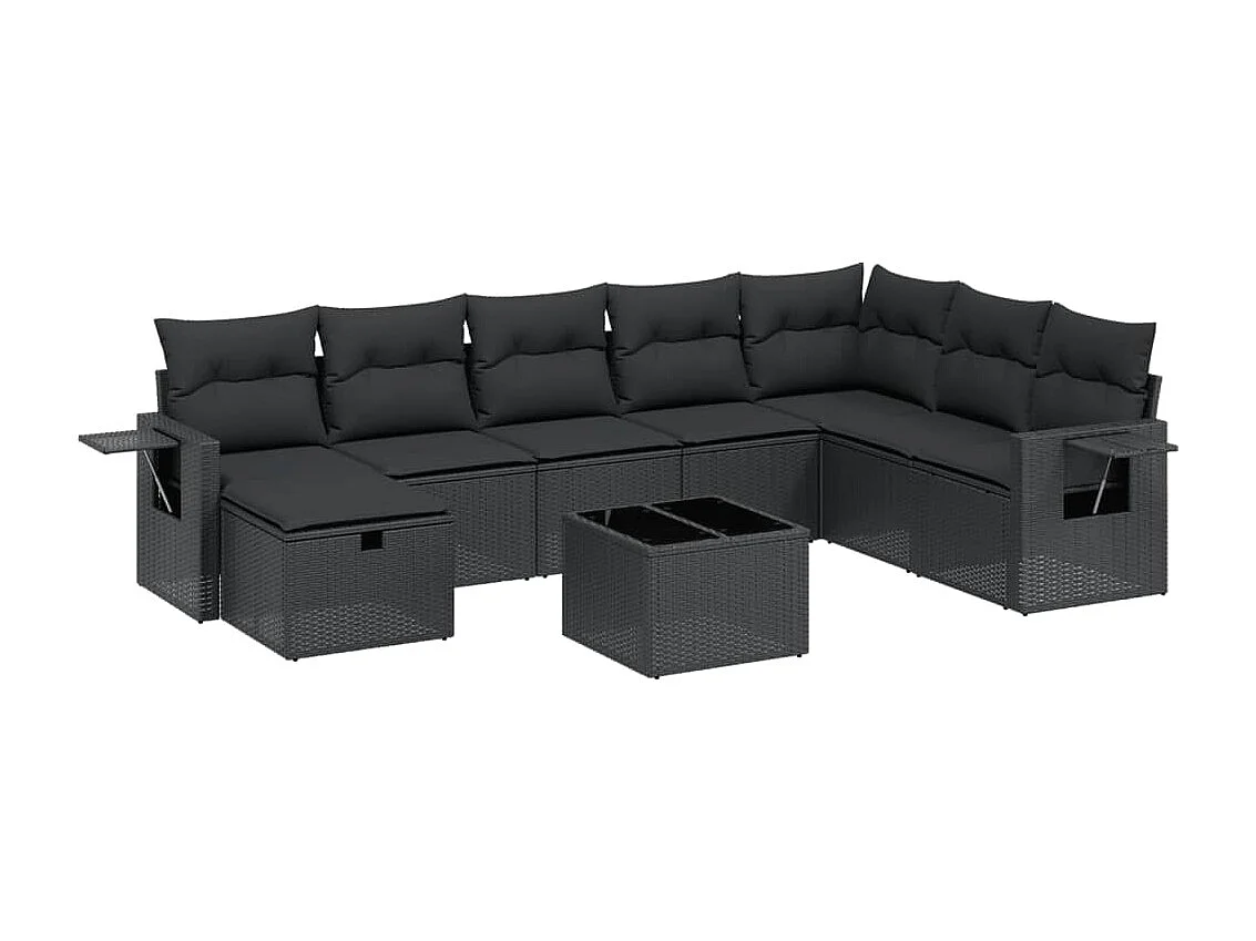 9-tlg. Garten-Sofagarnitur mit Kissen Schwarz Poly Rattan