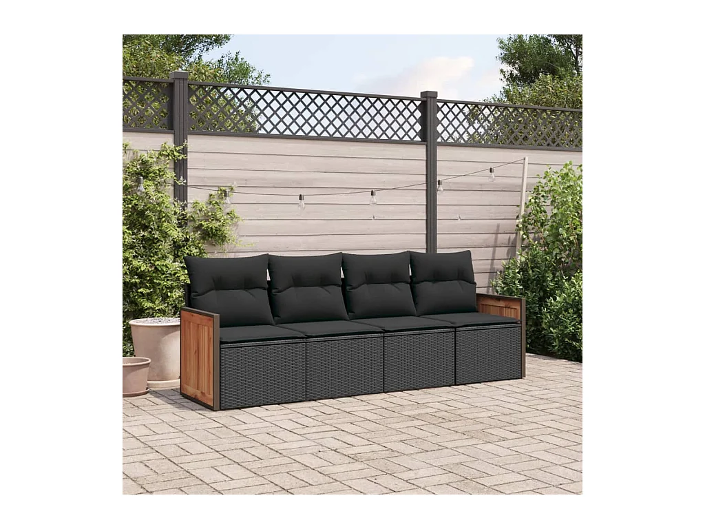 Salon de jardin 4 pcs avec coussins noir résine tressée