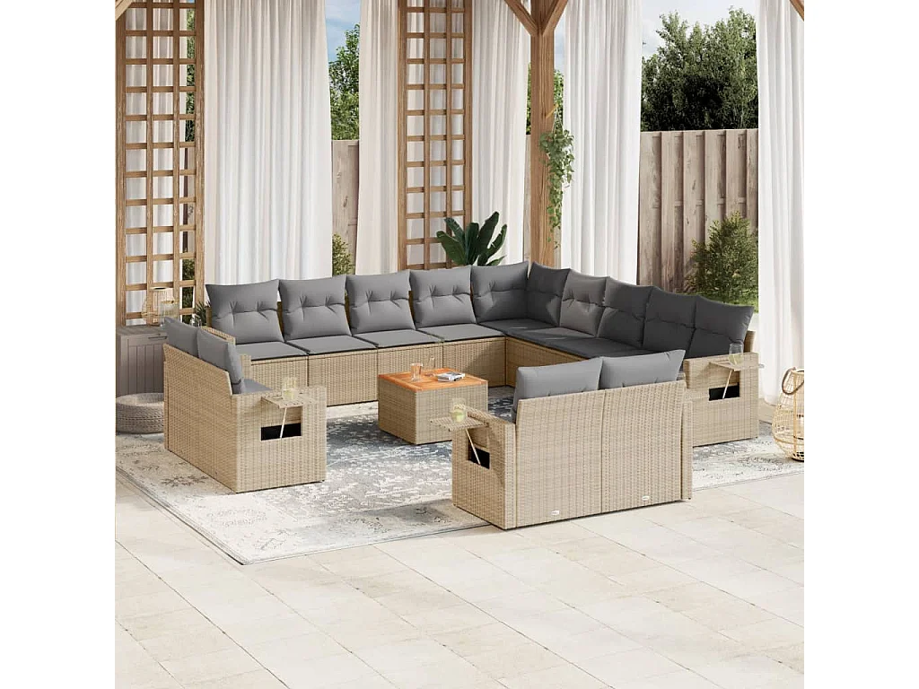 Set Divano da Giardino 14 pz con Cuscini Beige Misto Polyrattan