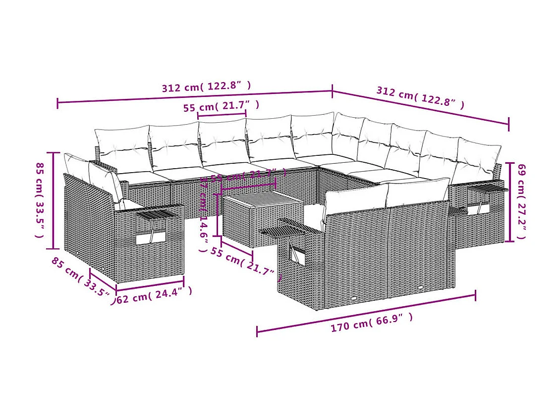 Set Divano da Giardino 14 pz con Cuscini Beige Misto Polyrattan