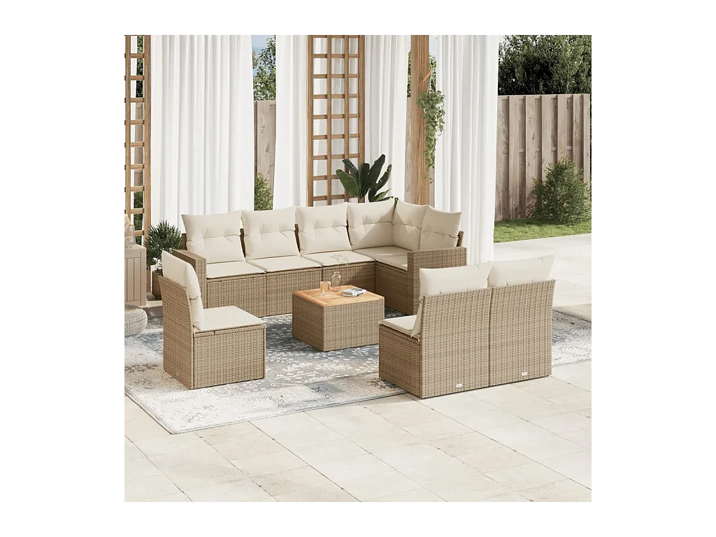 Salon de jardin avec coussins 9 pcs beige résine tressée