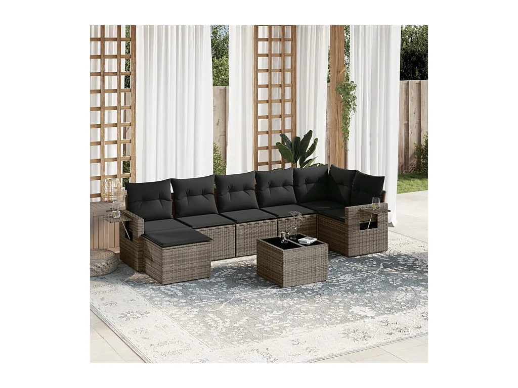 8 pcs conjunto sofás de jardim c/ almofadões vime PE cinzento