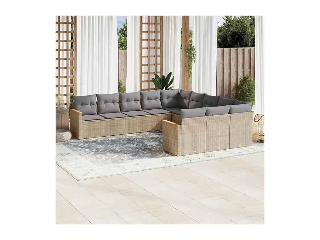 Salon de jardin 11 pcs avec coussins beige résine tressée