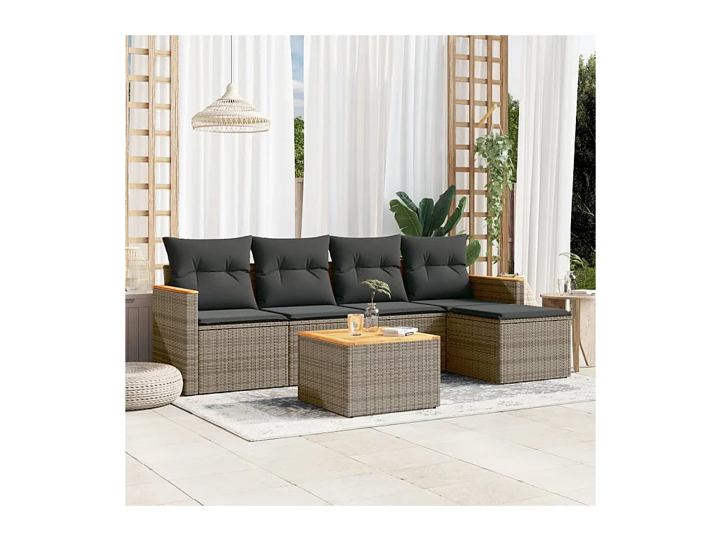 Salon de jardin 6 pcs avec coussins gris résine tressée