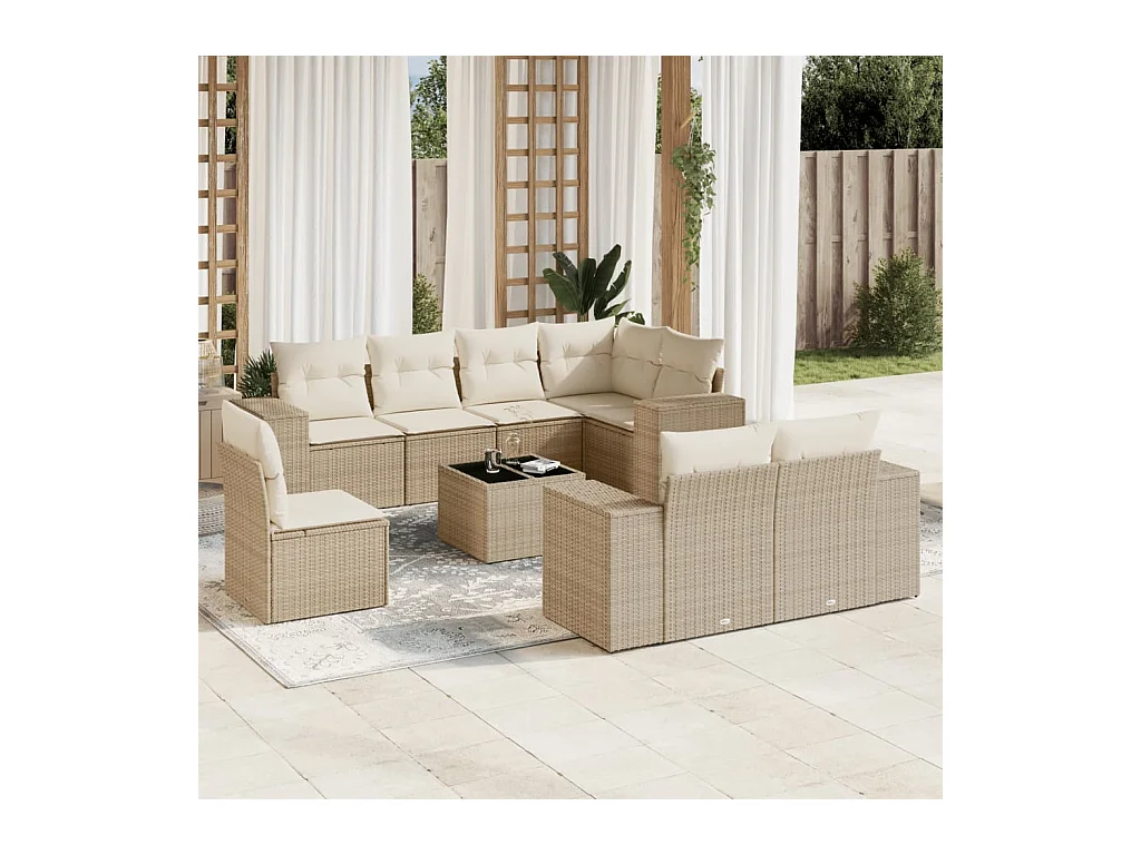 Set de sofás de jardín 9 pzas con cojines ratán sintético beige