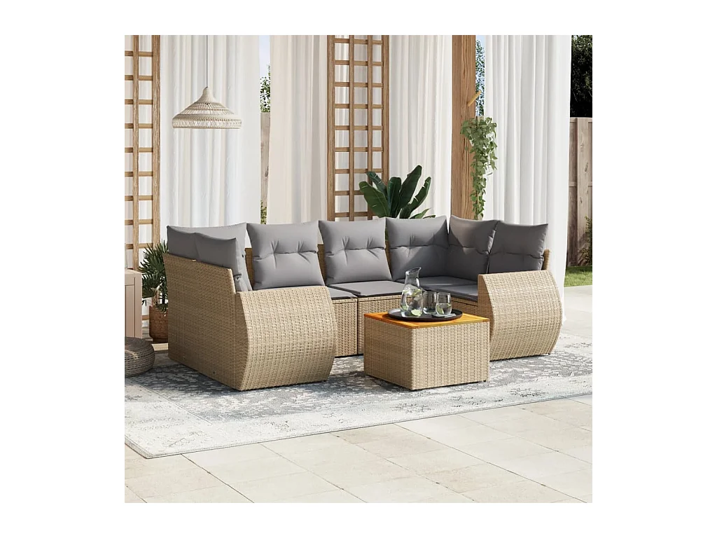 Salon de jardin avec coussins 7 pcs beige résine tressée