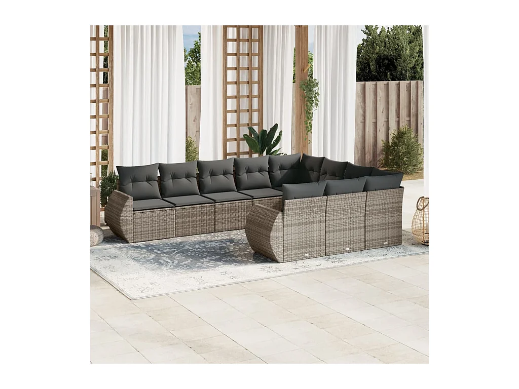 Salon de jardin avec coussins 10 pcs gris résine tressée