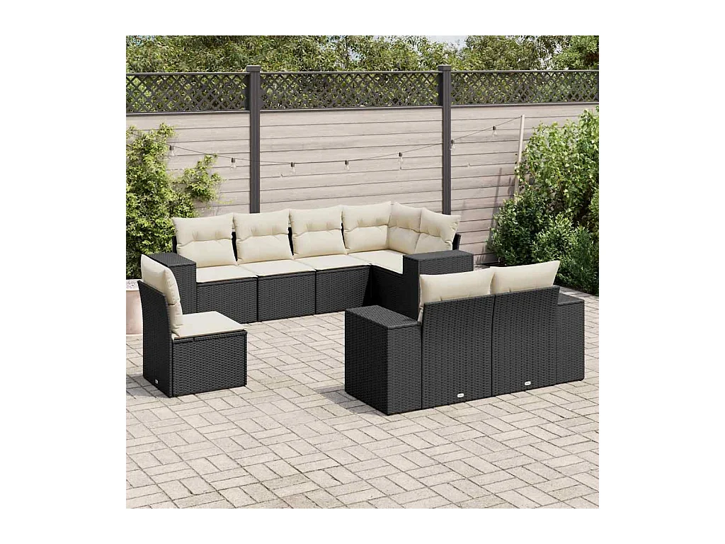 Salon de jardin 8 pcs avec coussins noir résine tressée