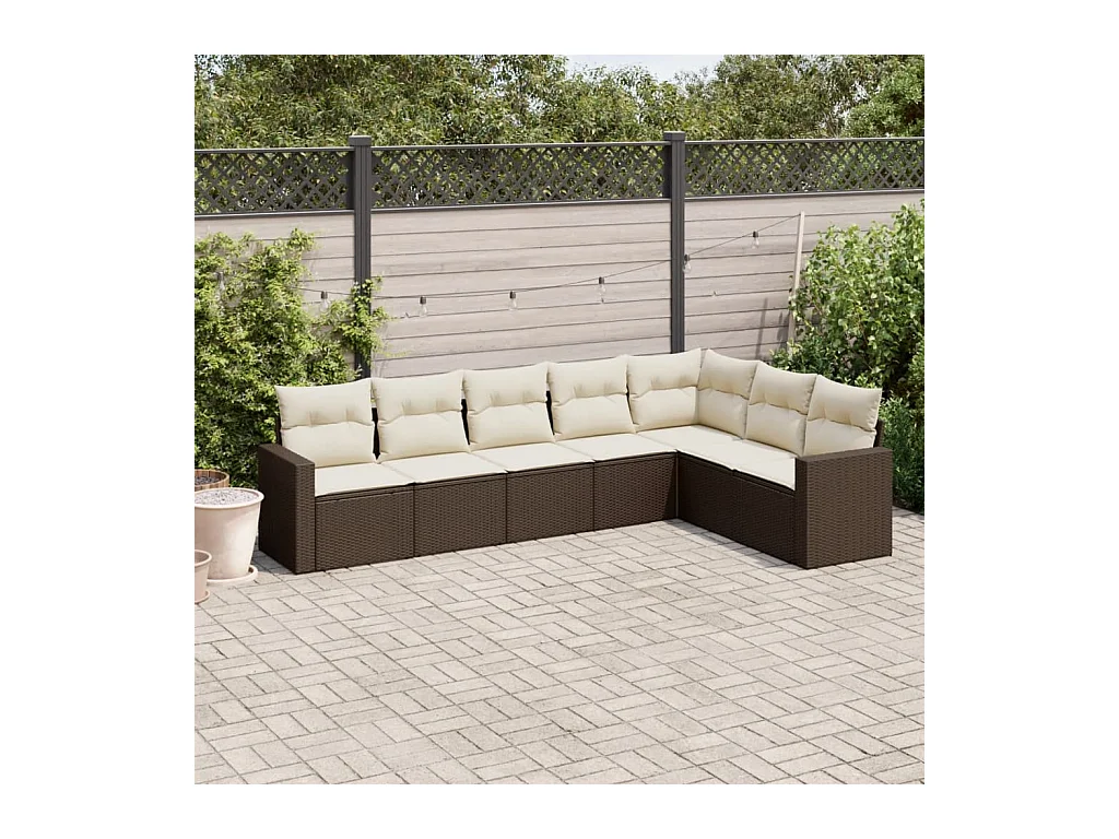 Set Divano da Giardino 7pz con Cuscini Marrone in Polyrattan