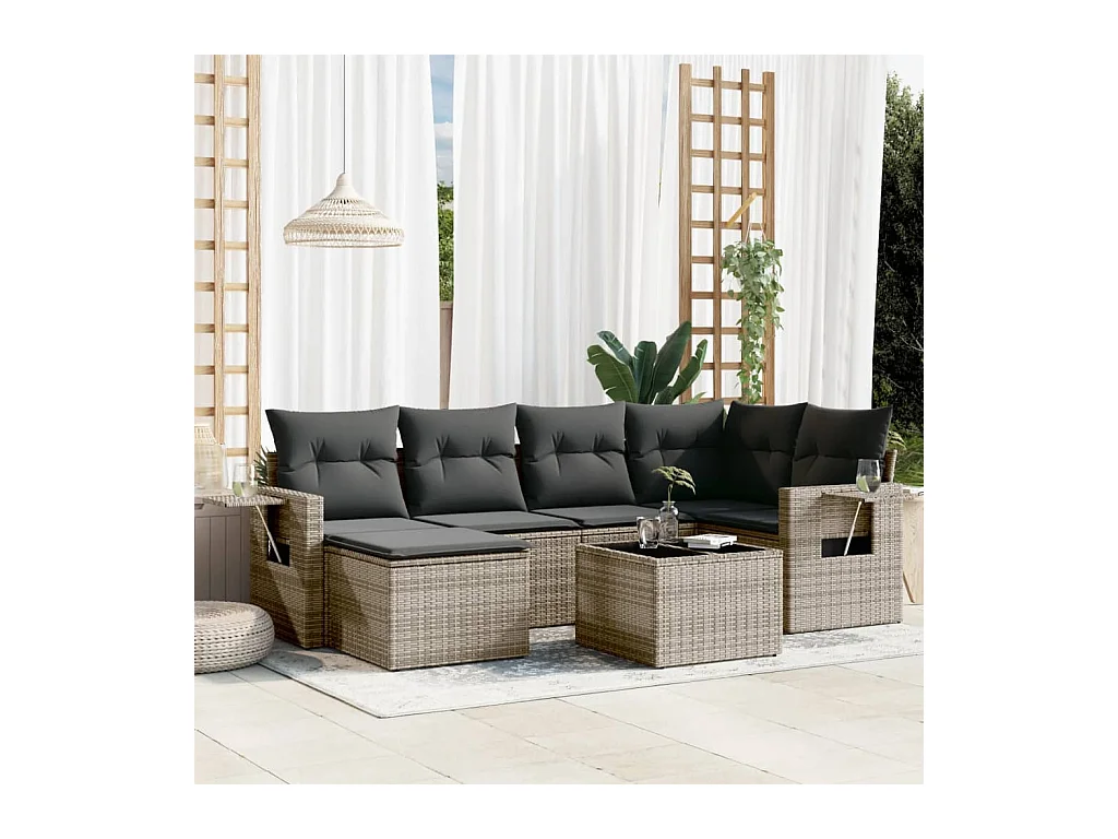 Salon de jardin avec coussins 7 pcs gris résine tressée
