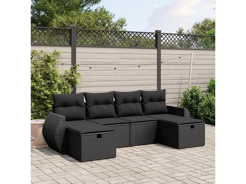 6-tlg. Garten-Sofagarnitur mit Kissen Schwarz Poly Rattan