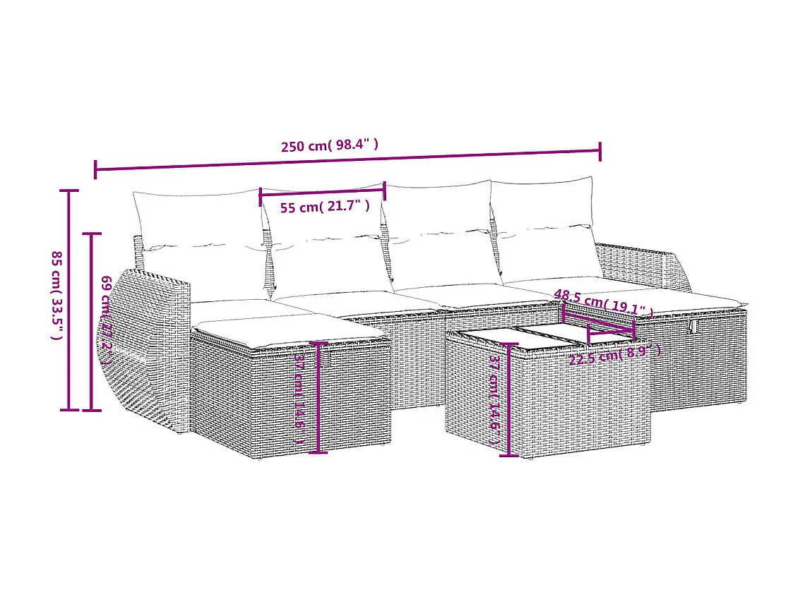 6-tlg. Garten-Sofagarnitur mit Kissen Schwarz Poly Rattan
