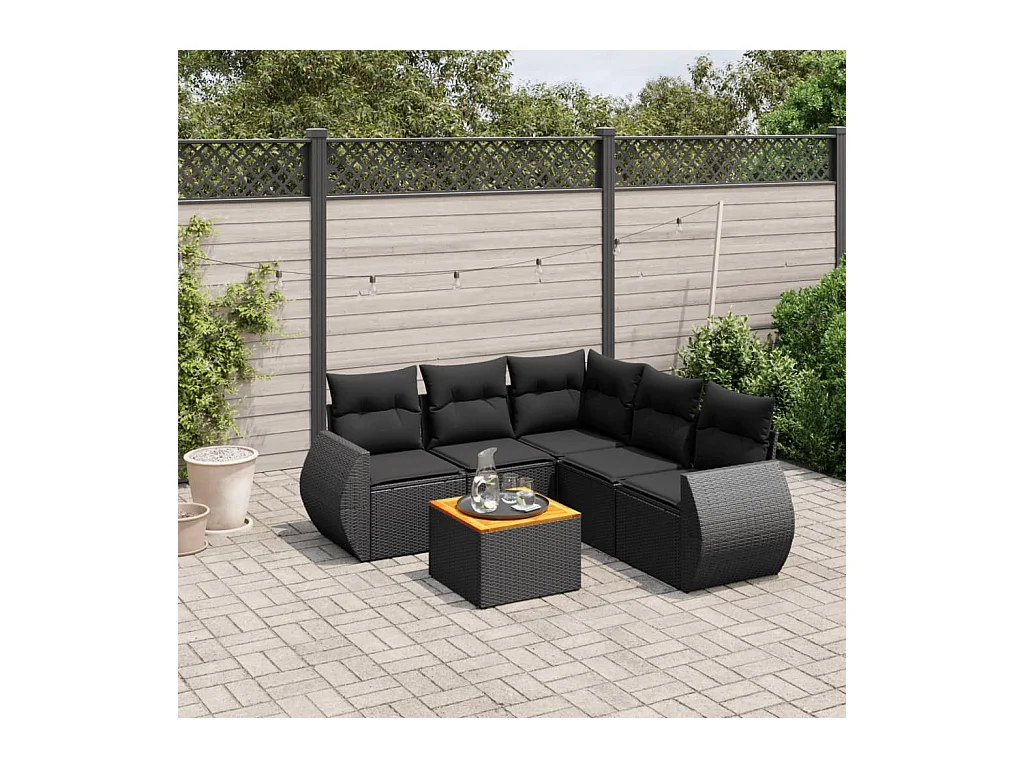 6-delige Loungeset met kussens poly rattan zwart