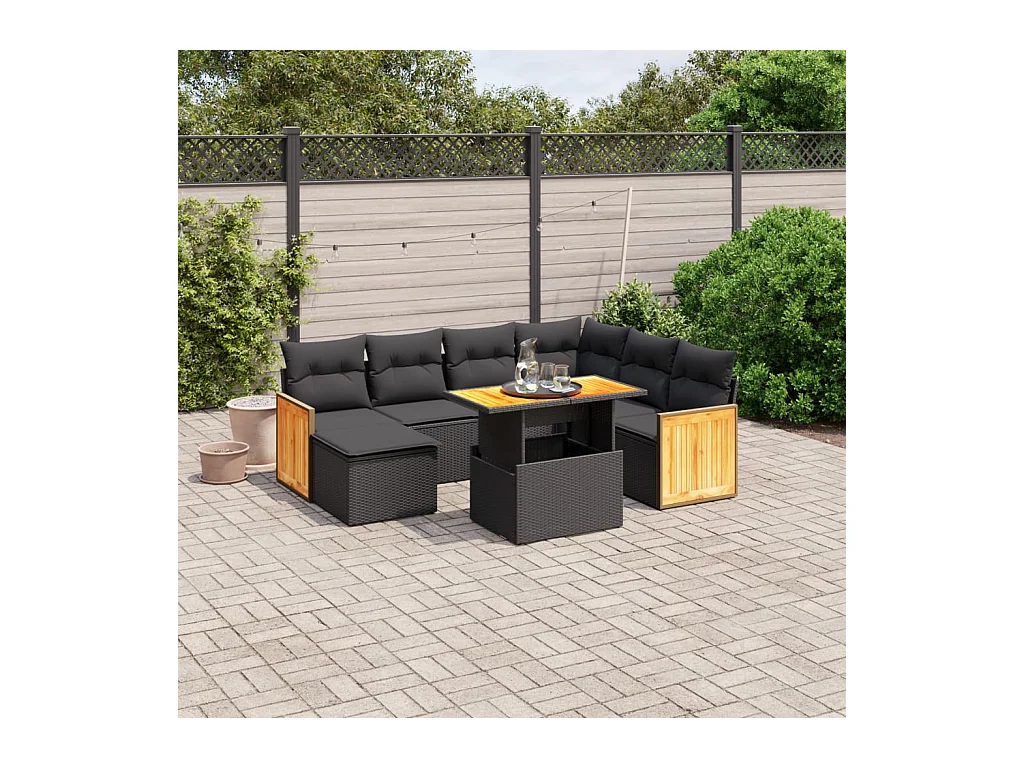 Salon de jardin 8 pcs avec coussins noir résine tressée