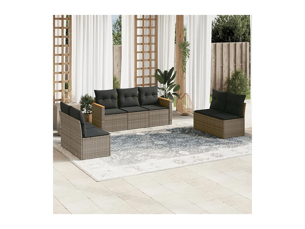 Salon de jardin avec coussins 7 pcs gris résine tressée