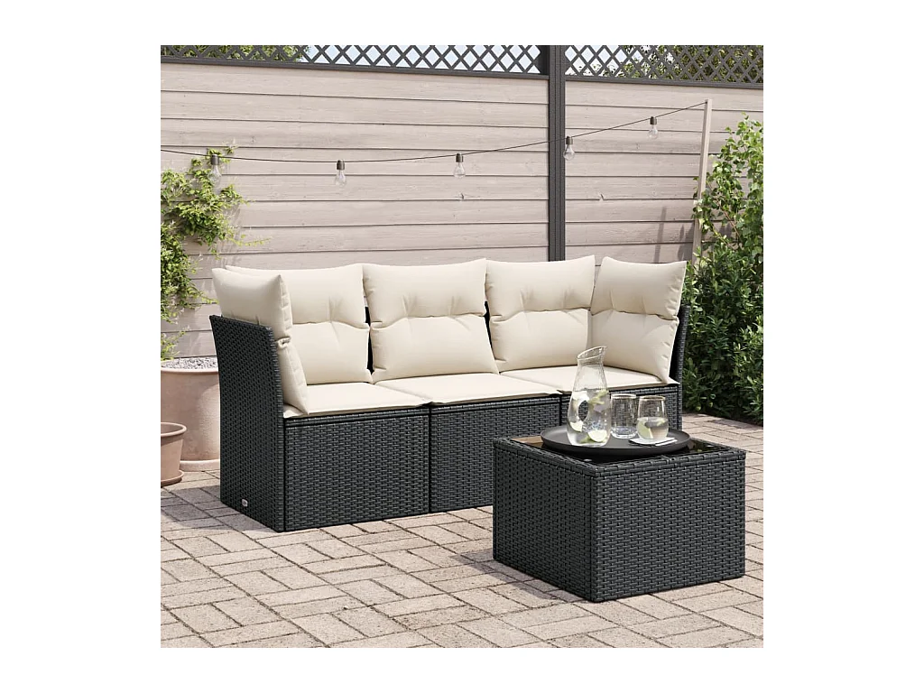 Salon de jardin 4 pcs avec coussins noir résine tressée