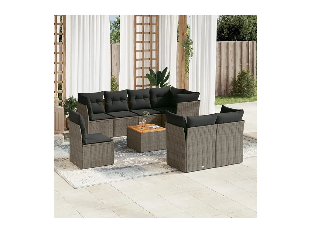 9-tlg. Garten-Sofagarnitur mit Kissen Grau Poly Rattan
