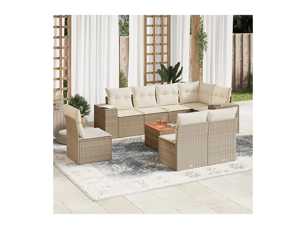 Set Divano da Giardino 9 pz con Cuscini Beige in Polyrattan