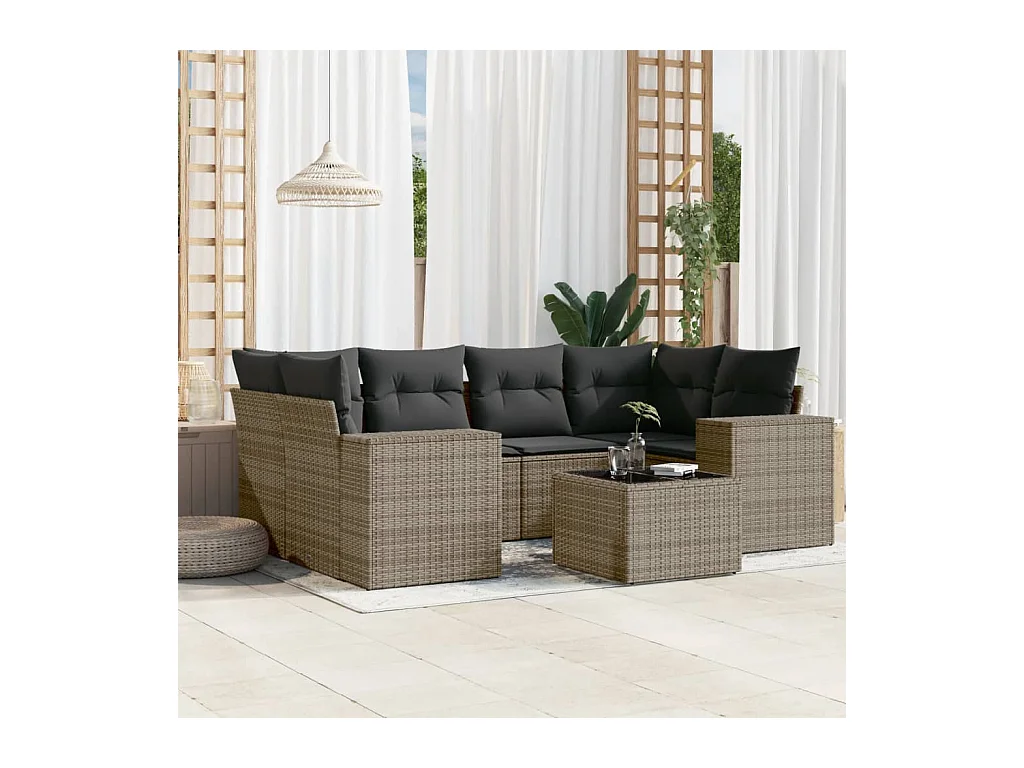 7-delige Loungeset met kussens poly rattan grijs
