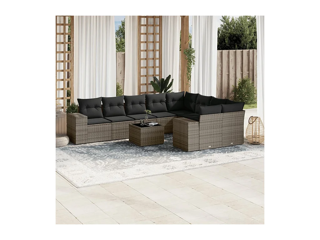 10-delige Loungeset met kussens poly rattan grijs