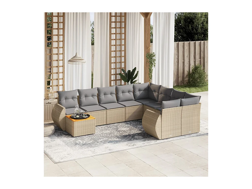 Salon de jardin avec coussins 10 pcs beige résine tressée
