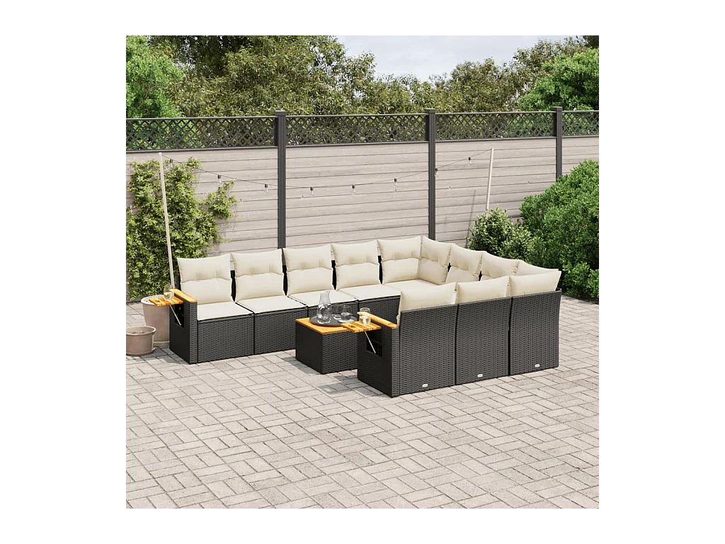 Salon de jardin 11 pcs avec coussins noir résine tressée