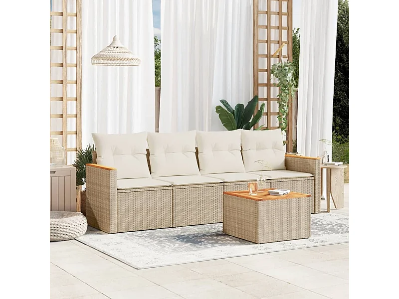 Set Divano da Giardino 5 pz con Cuscini Beige in Polyrattan