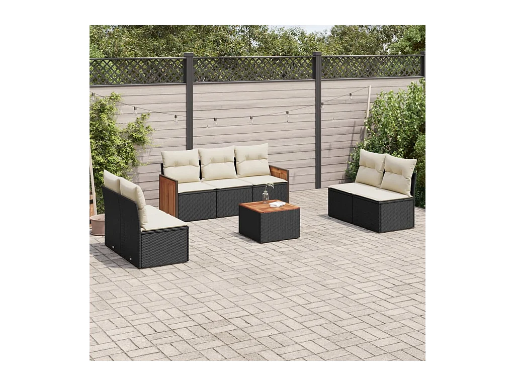 Set de sofás de jardín 8 piezas y cojines ratán sintético negro