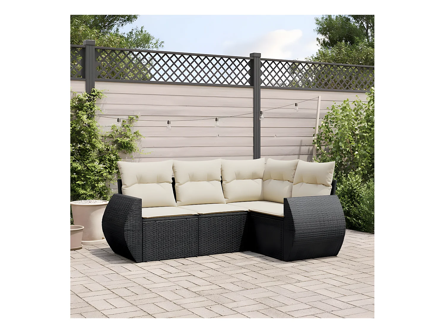 4-delige Loungeset met kussens poly rattan zwart
