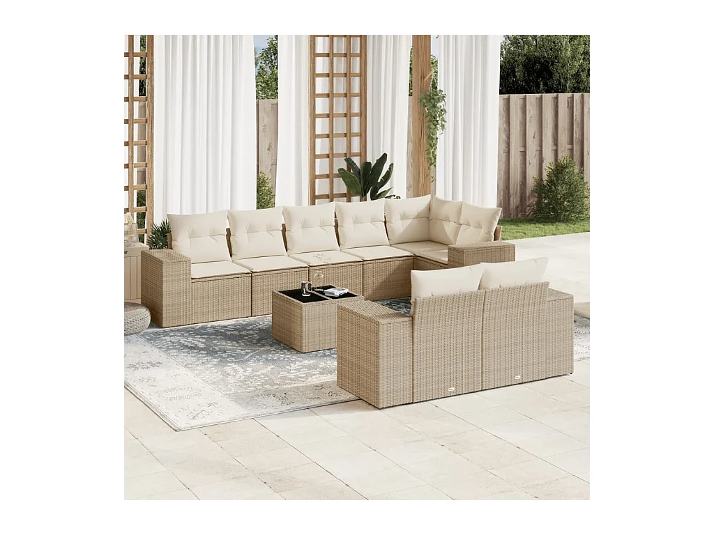 Salon de jardin avec coussins 9 pcs beige résine tressée