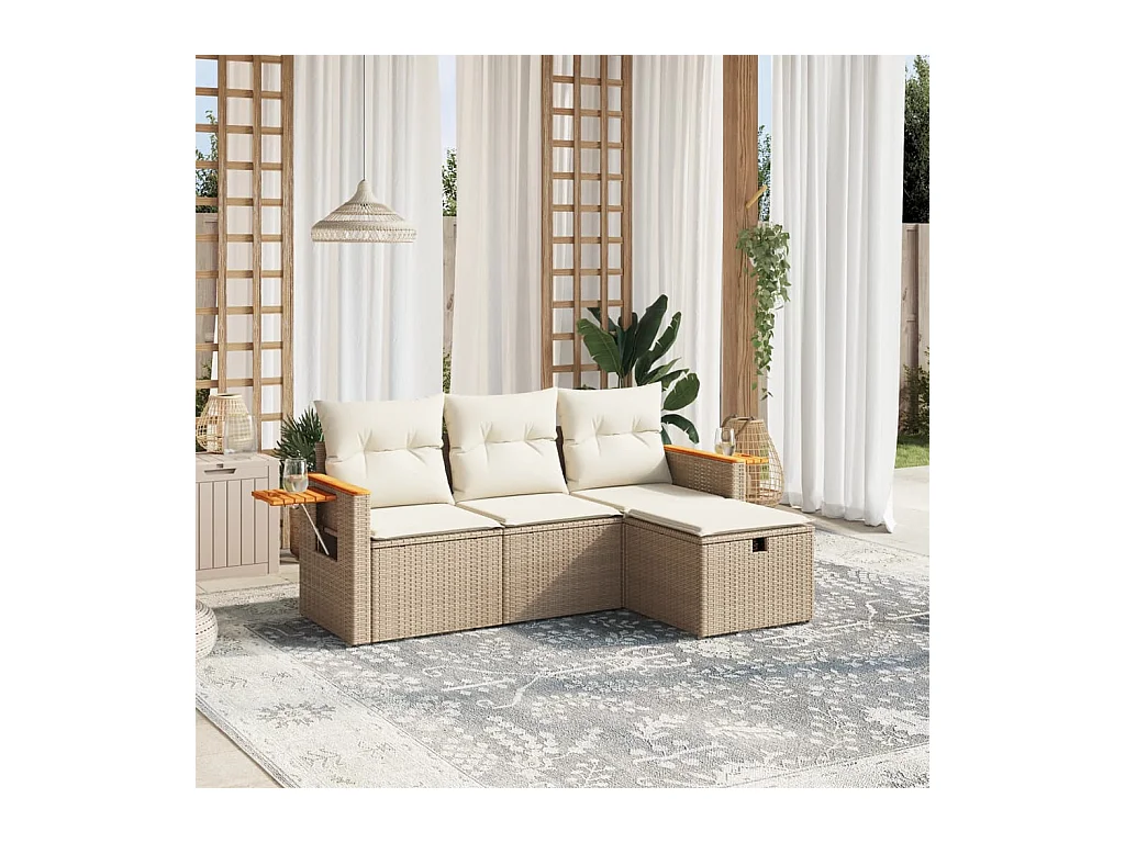 Set Divano da Giardino 4 pz con Cuscini Beige in Polyrattan