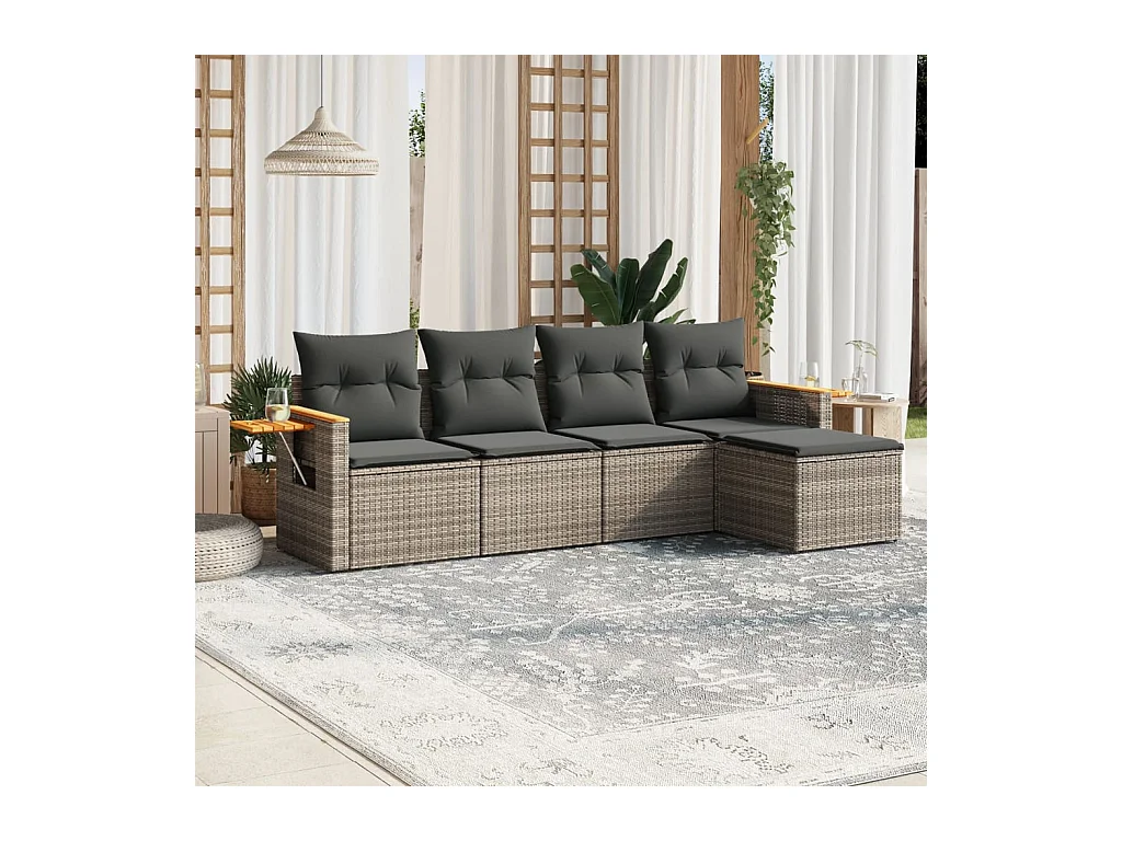 Salon de jardin 5 pcs avec coussins gris résine tressée