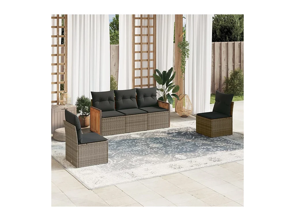 5-delige Loungeset met kussens poly rattan grijs