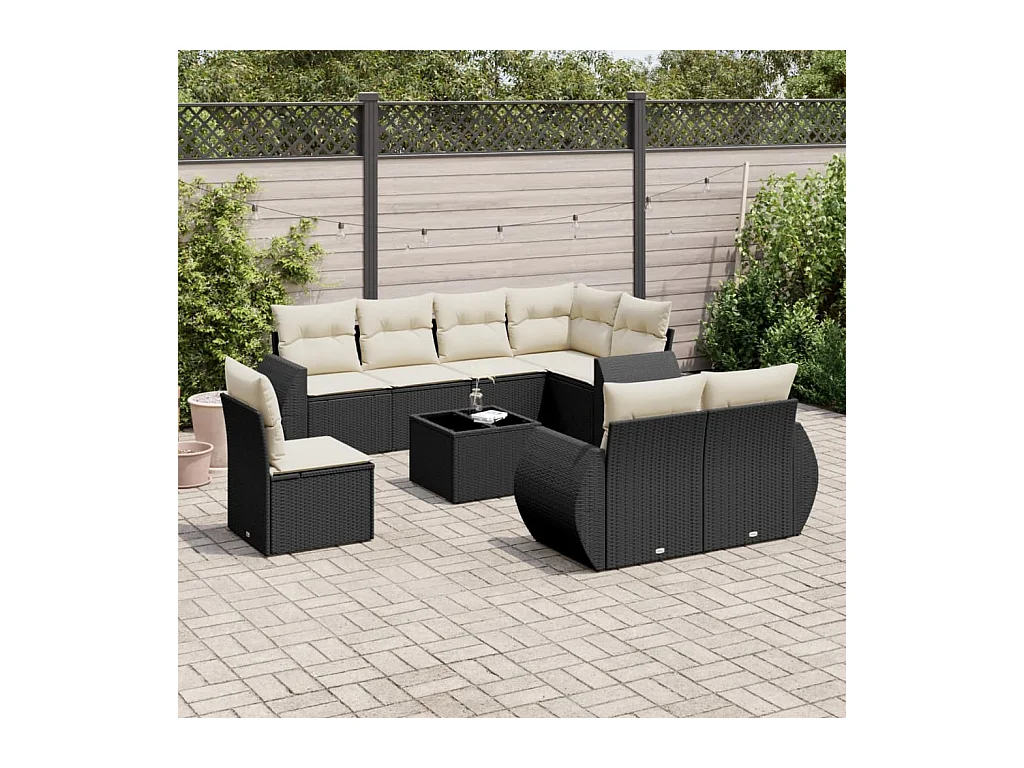 Salon de jardin 9 pcs avec coussins noir résine tressée