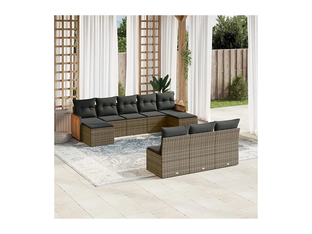 Salon de jardin avec coussins 10 pcs gris résine tressée