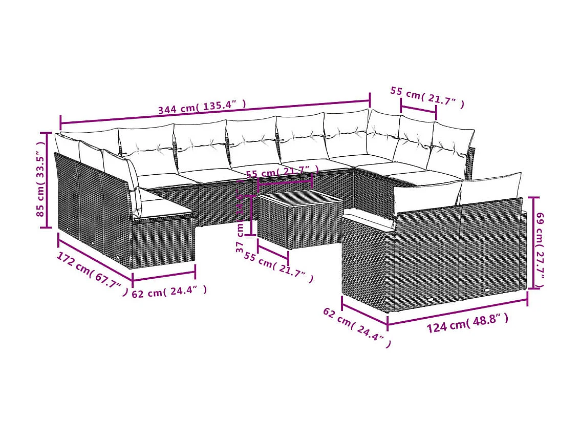 Set Divano da Giardino 13 pz con Cuscini Beige in Polyrattan