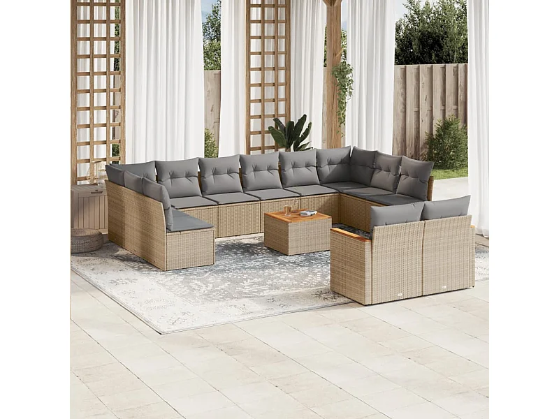 Set Divano da Giardino 13 pz con Cuscini Beige in Polyrattan