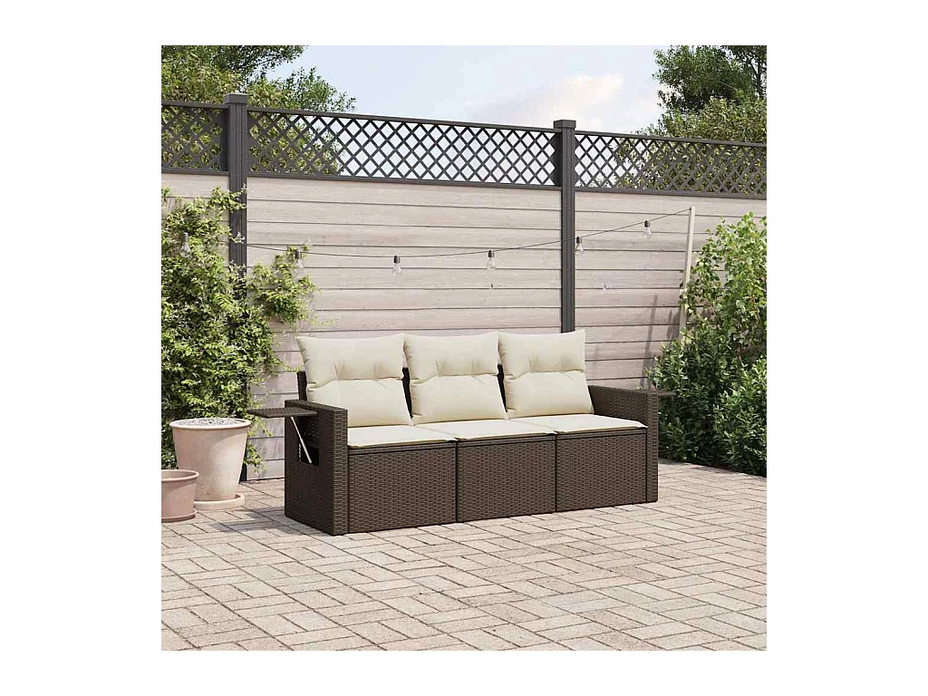 Salon de jardin avec coussins 3 pcs marron résine tressée