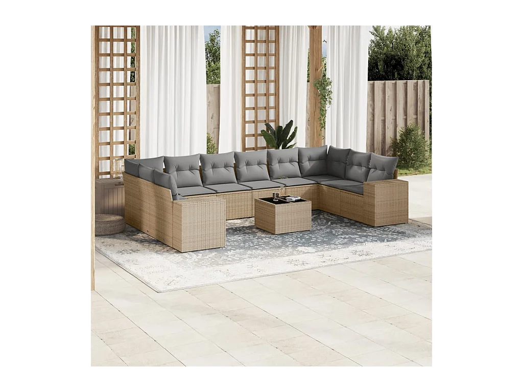 Salon de jardin 11 pcs avec coussins beige résine tressée