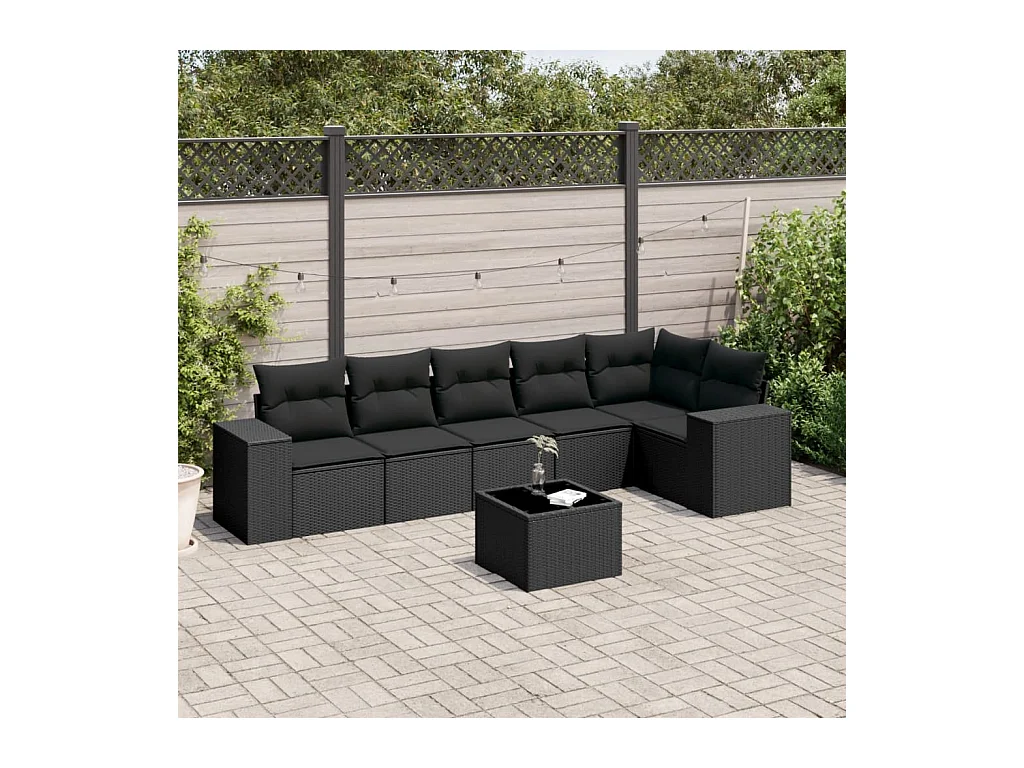 7-delige Loungeset met kussens poly rattan zwart