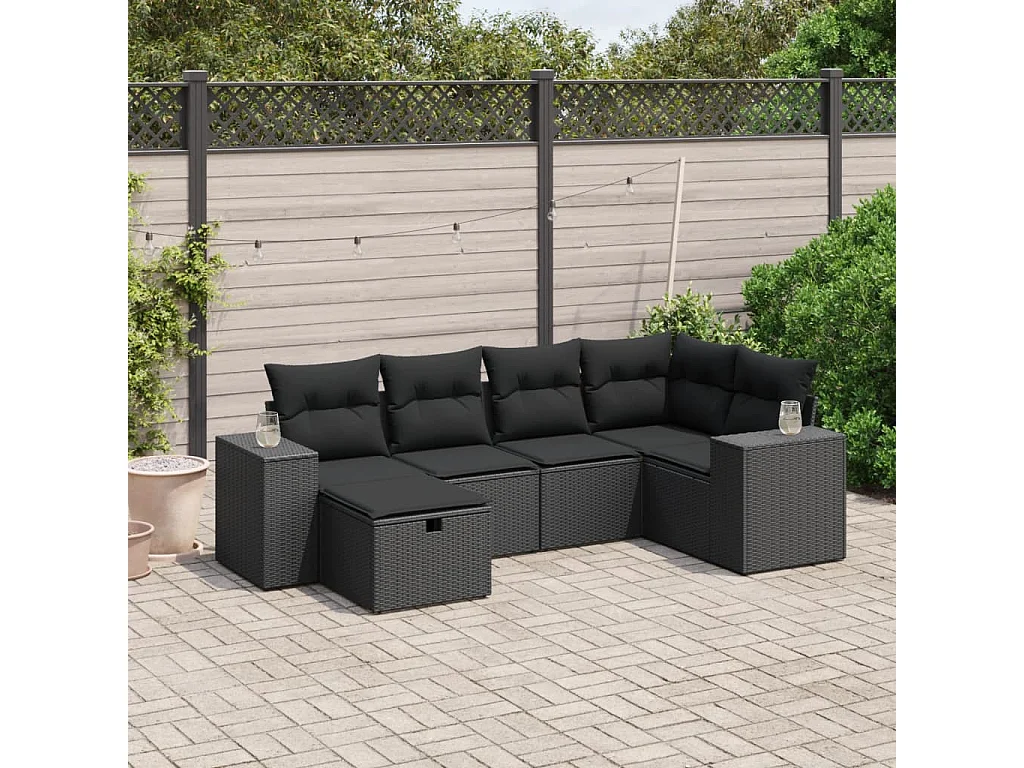 Salon de jardin 6 pcs avec coussins noir résine tressée