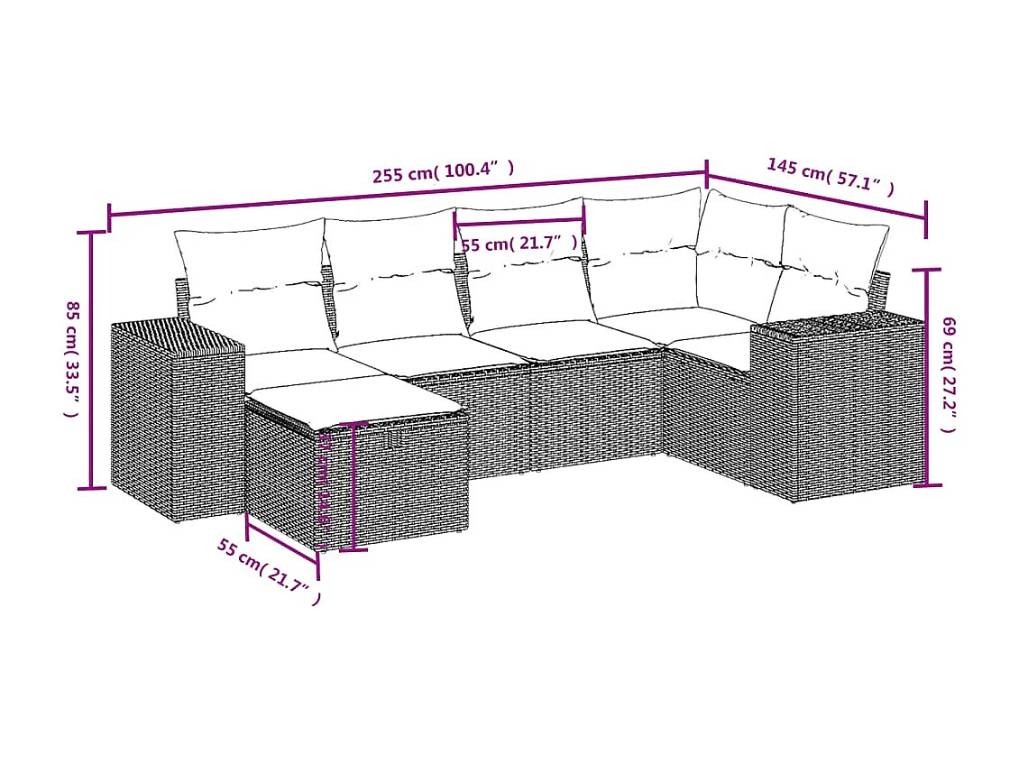 Salon de jardin 6 pcs avec coussins noir résine tressée