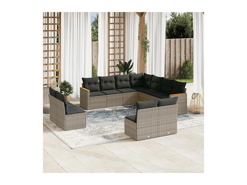 Salon de jardin 11 pcs avec coussins gris résine tressée