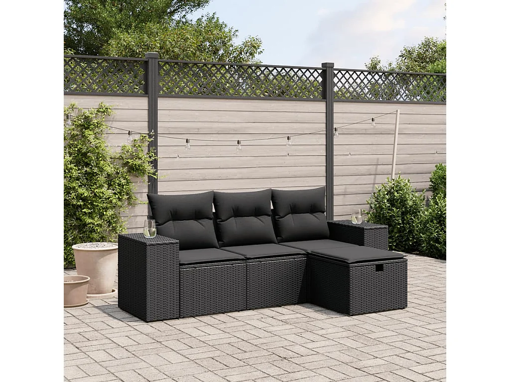 Salon de jardin 4 pcs avec coussins noir résine tressée