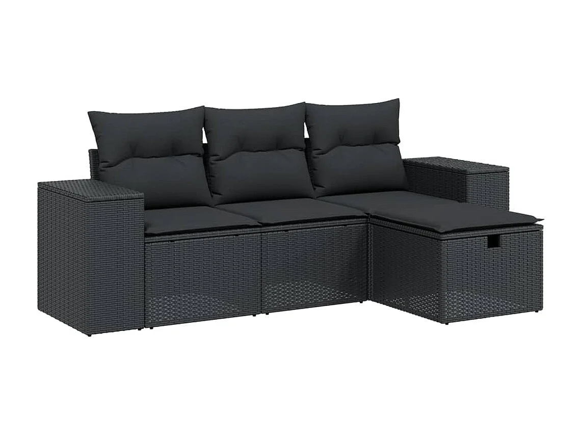 Salon de jardin 4 pcs avec coussins noir résine tressée